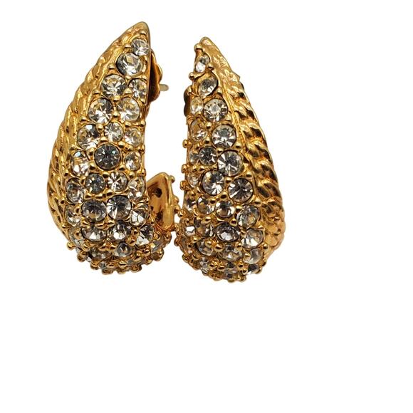 Krementz Crystal Half Hoop Earrings Pierced Post Pave Rhinestone Gold Tone - Picture 4 of 7